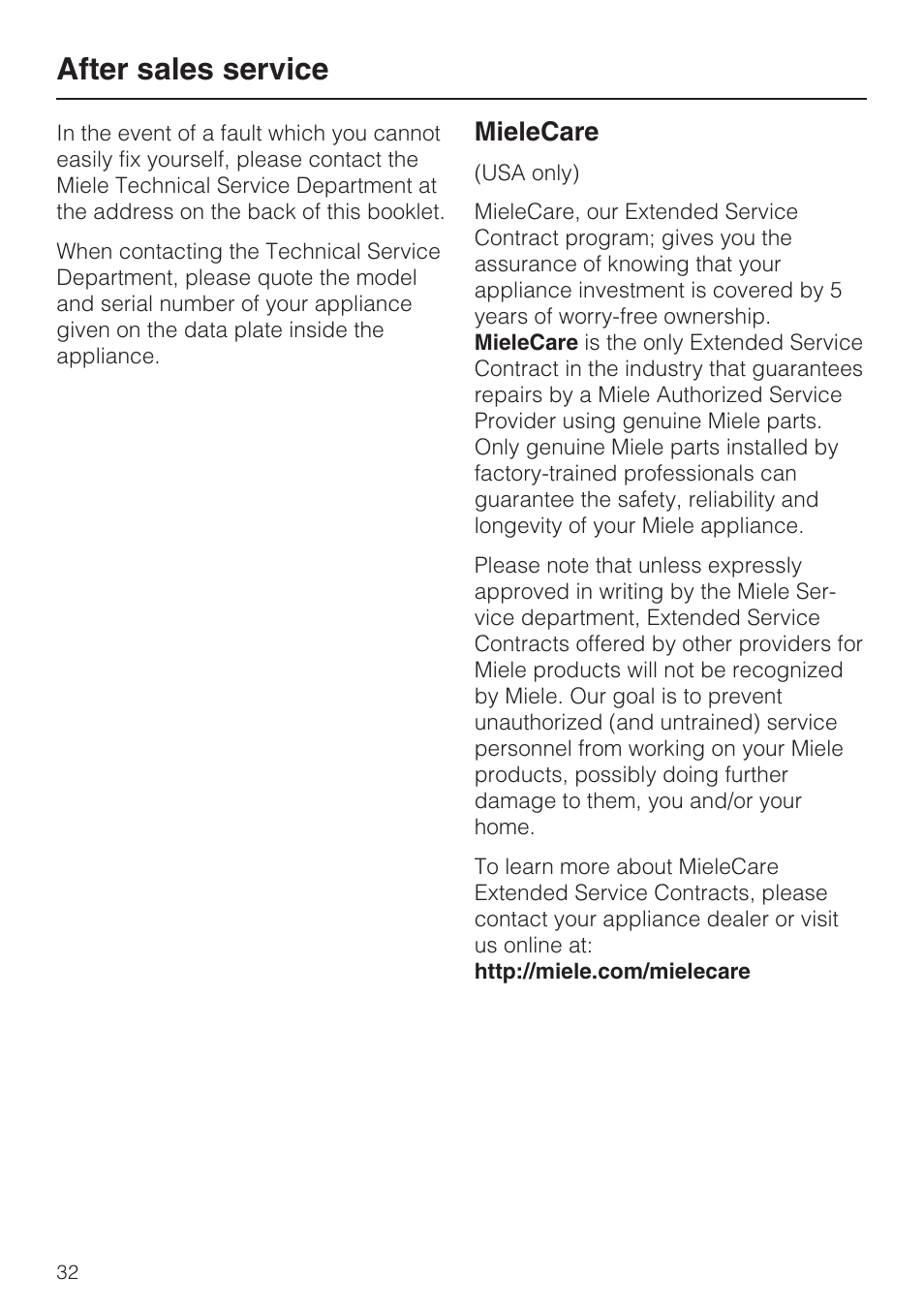 After sales service 32, After sales service, Mielecare | Miele K1911SF User Manual | Page 32 / 56