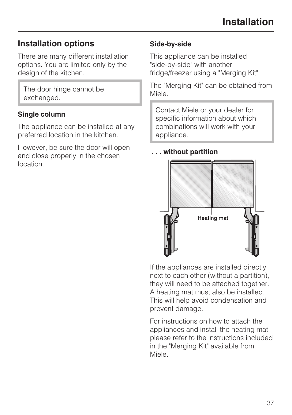 Installation options 37, Installation, Installation options | Miele K1911SF User Manual | Page 37 / 56