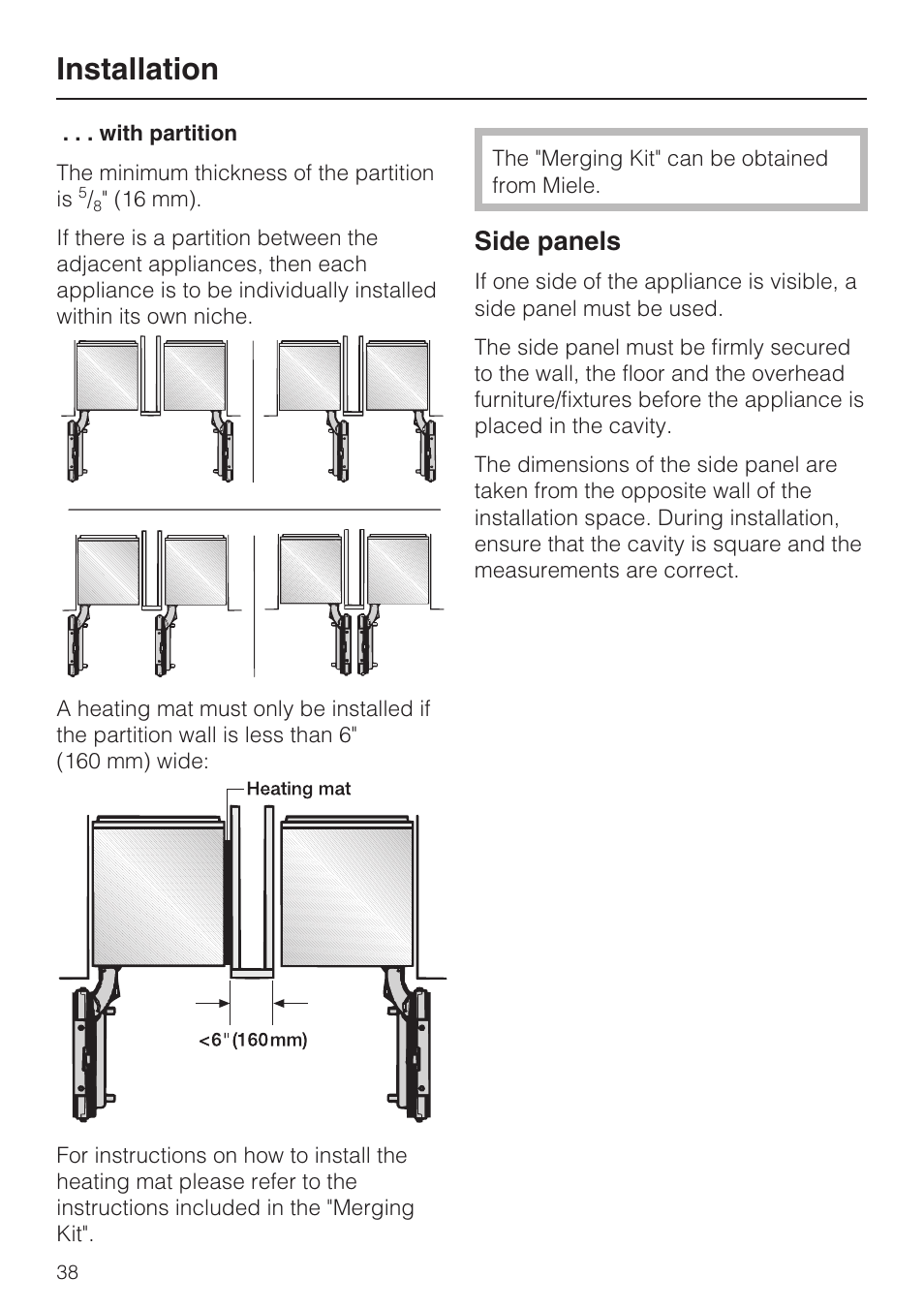 Side panels 38, Installation, Side panels | Miele K1911SF User Manual | Page 38 / 56