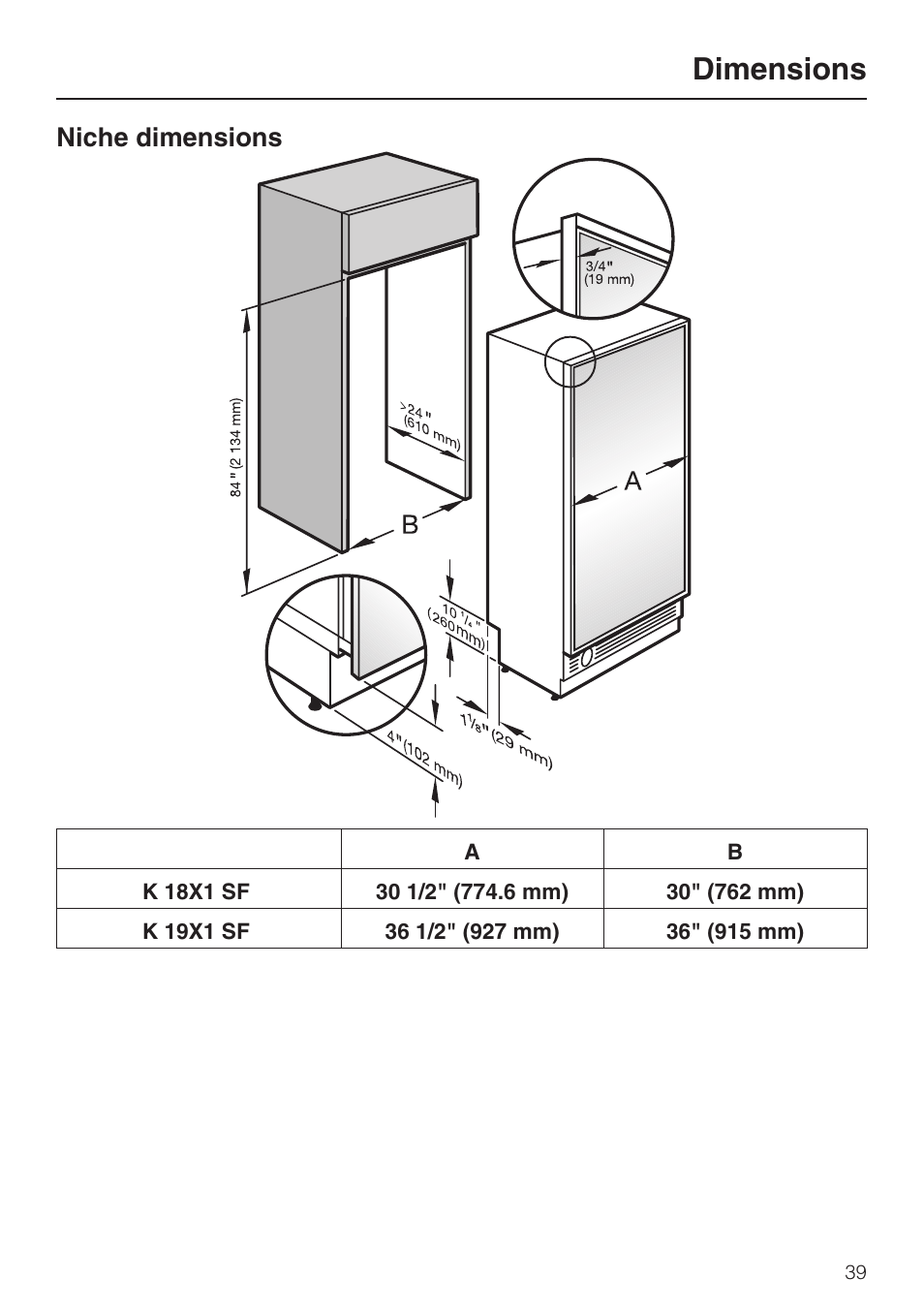 Dimensions 39, Dimensions, Niche dimensions | Miele K1911SF User Manual | Page 39 / 56