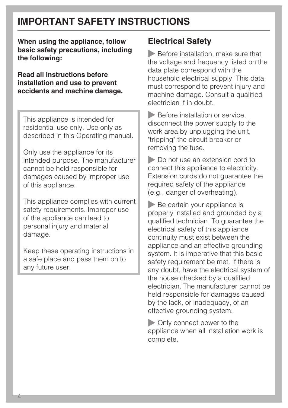 Important safety instructions 4, Important safety instructions | Miele K1911SF User Manual | Page 4 / 56