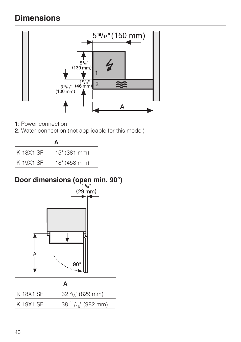 Dimensions, Door dimensions (open min. 90°) | Miele K1911SF User Manual | Page 40 / 56