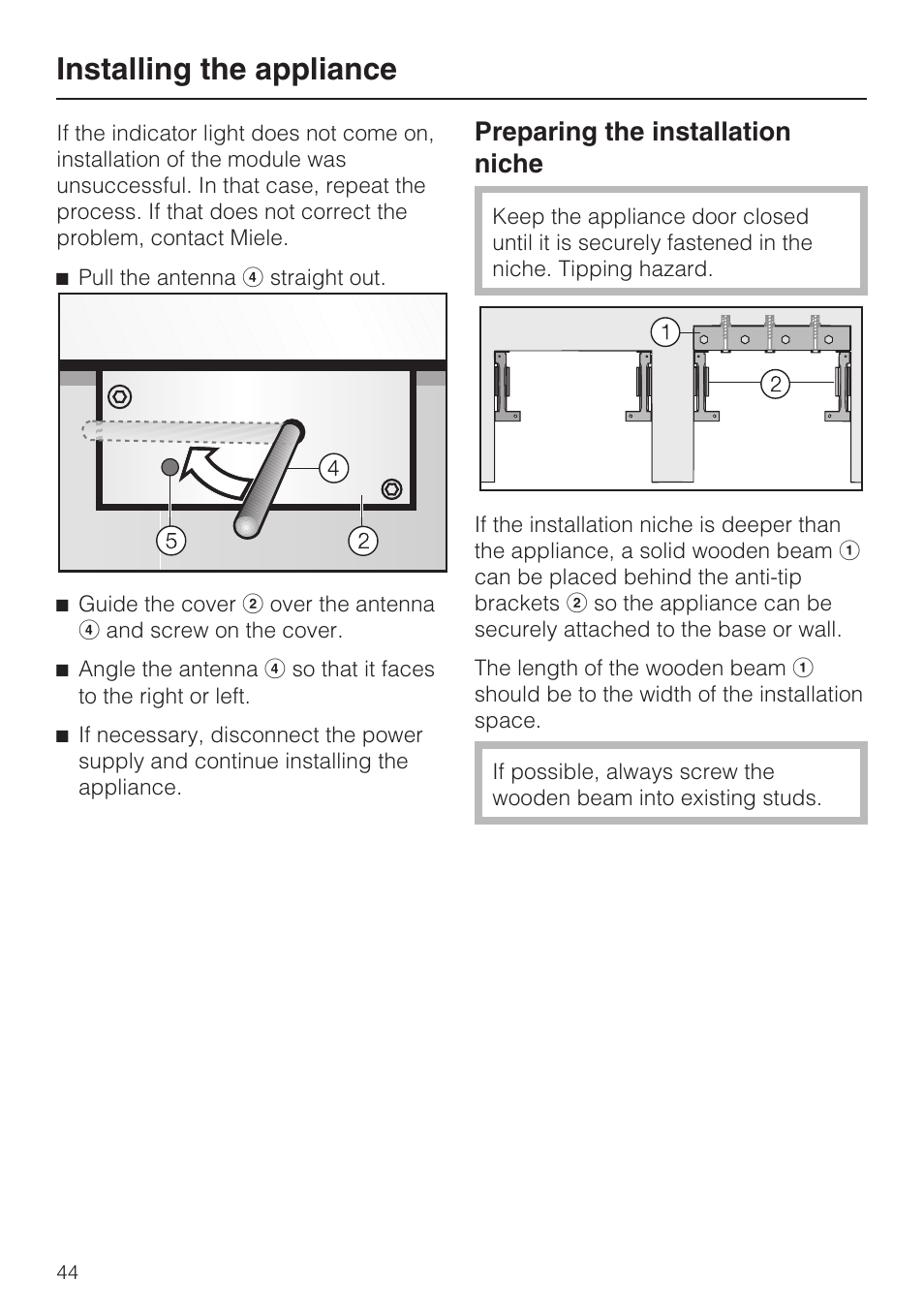 Preparing the installation niche 44, Installing the appliance, Preparing the installation niche | Miele K1911SF User Manual | Page 44 / 56