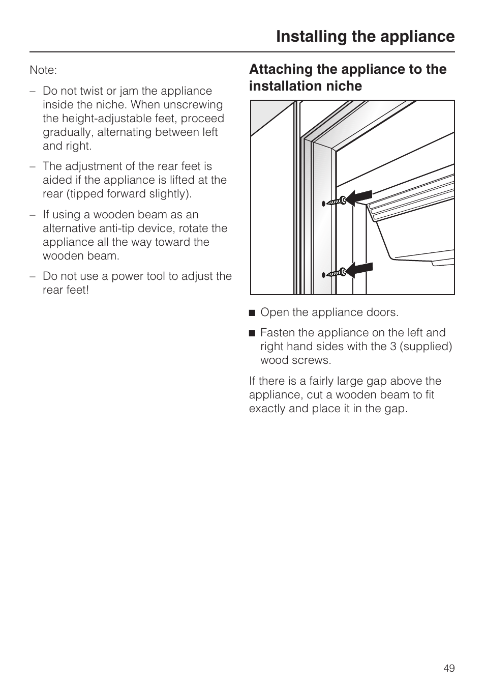 Installing the appliance, Attaching the appliance to the installation niche | Miele K1911SF User Manual | Page 49 / 56
