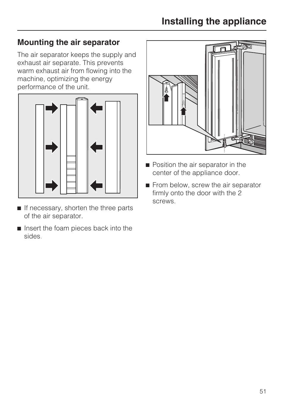 Installing the appliance, Mounting the air separator | Miele K1911SF User Manual | Page 51 / 56