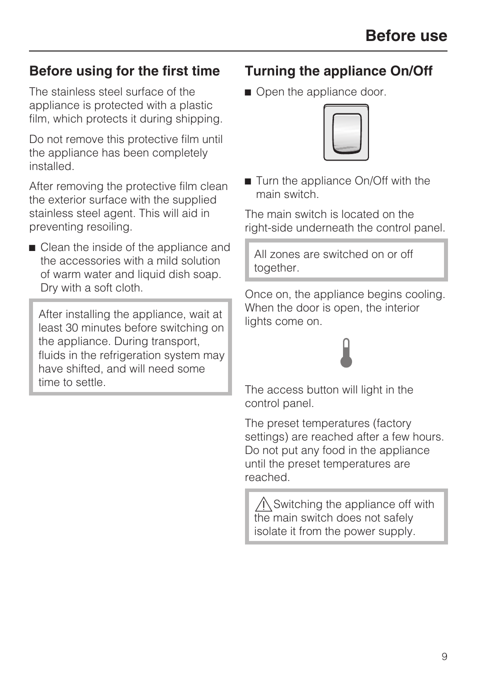 Before use 9, Turning the appliance on/off 9, Before use | Before using for the first time, Turning the appliance on/off | Miele K1911SF User Manual | Page 9 / 56