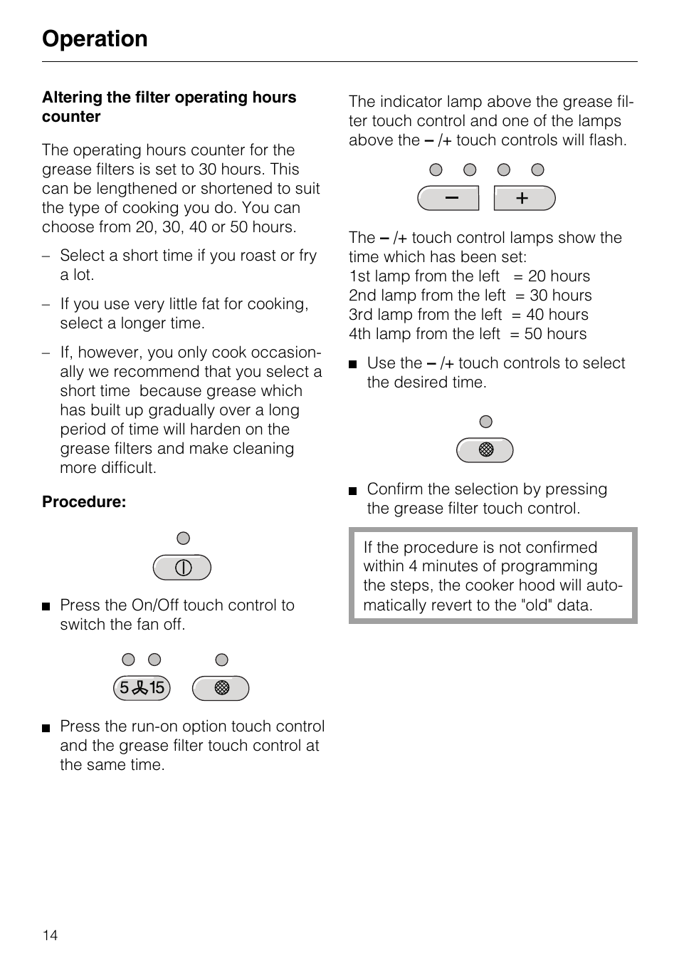 Altering the filter operating hours counter 14, Altering the filter operating hours counter, Operation | Miele DA 217-2 User Manual | Page 14 / 40