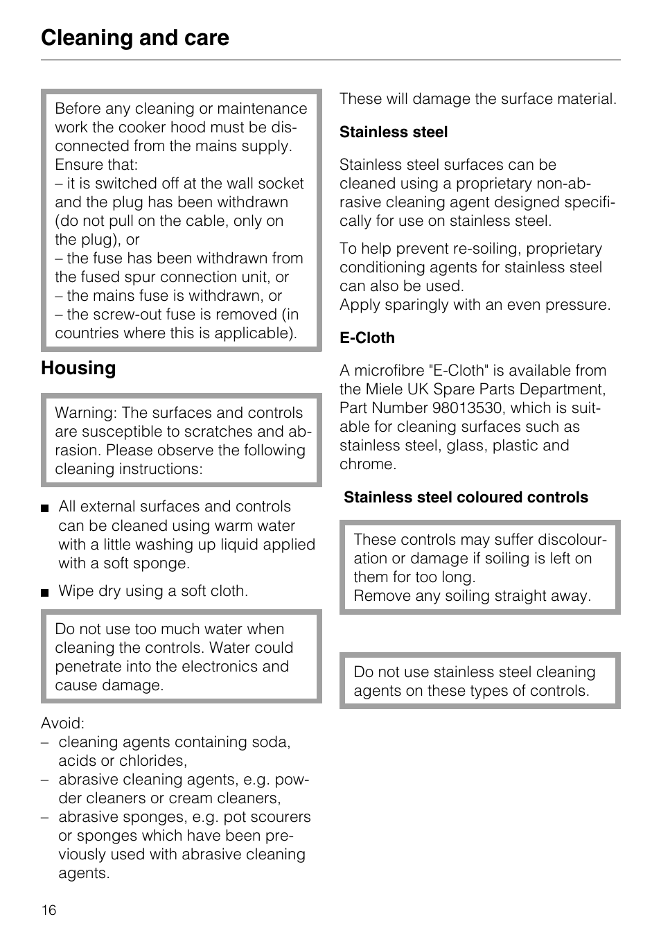 Cleaning and care, Housing 16, Housing | Miele DA 217-2 User Manual | Page 16 / 40