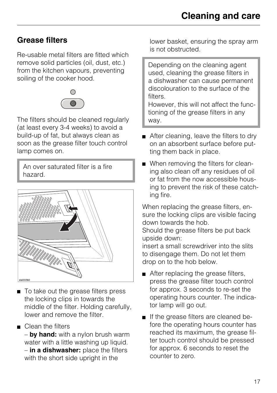 Grease filters 17, Grease filters, Cleaning and care | Miele DA 217-2 User Manual | Page 17 / 40