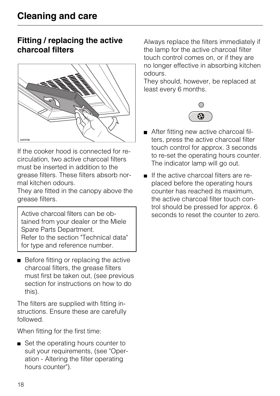 Fitting / replacing the active charcoal filters 18, Fitting / replacing the active charcoal filters, Cleaning and care | Miele DA 217-2 User Manual | Page 18 / 40