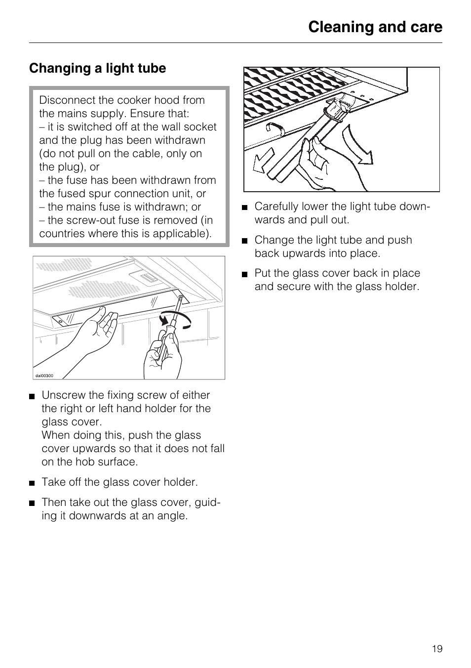 Changing a light tube 19, Changing a light tube, Cleaning and care | Miele DA 217-2 User Manual | Page 19 / 40