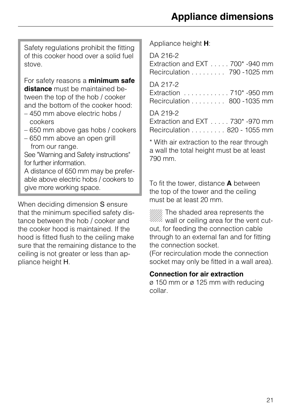 Appliance dimensions | Miele DA 217-2 User Manual | Page 21 / 40