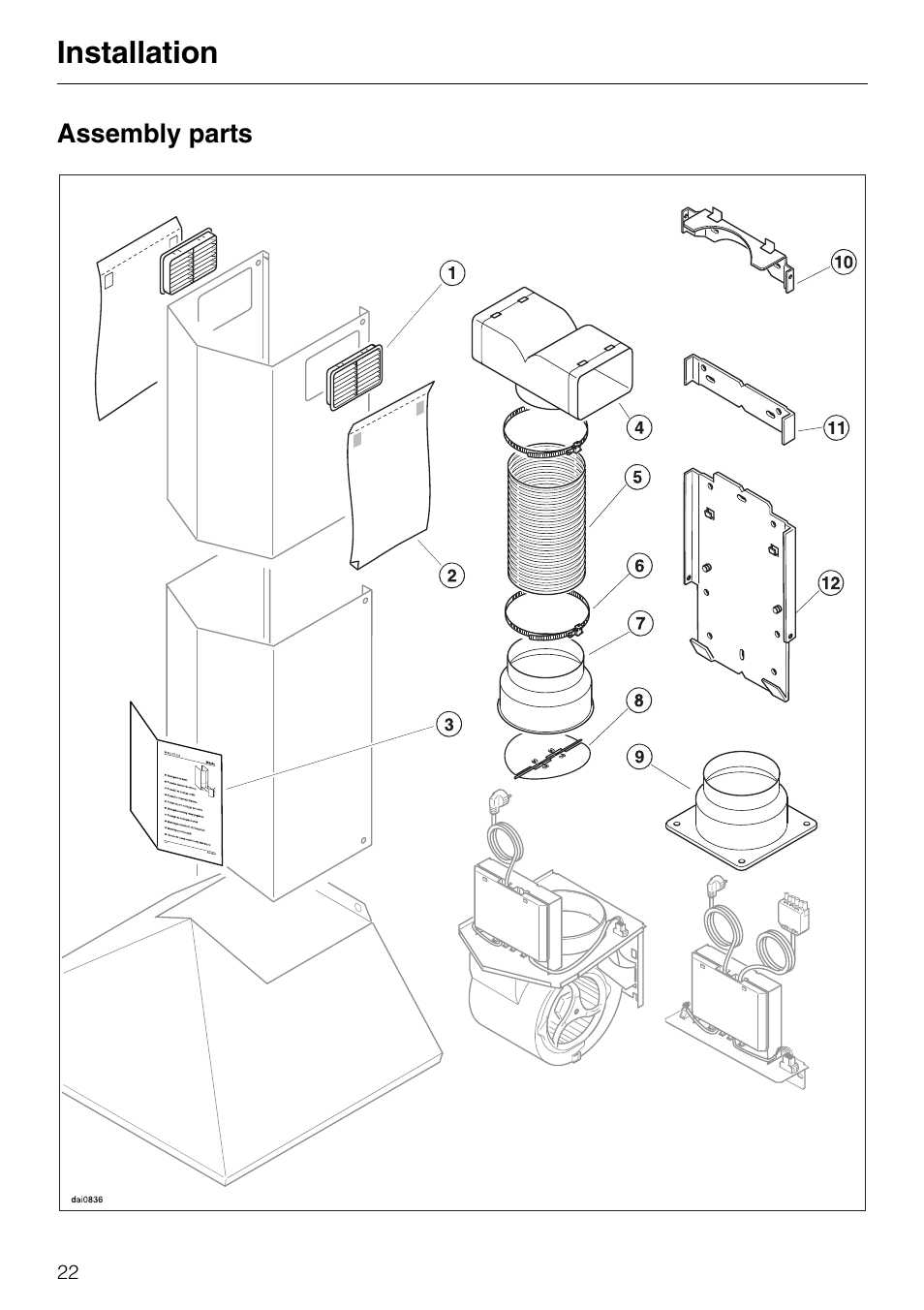 Installation, Assembly parts 22, Assembly parts | Miele DA 217-2 User Manual | Page 22 / 40