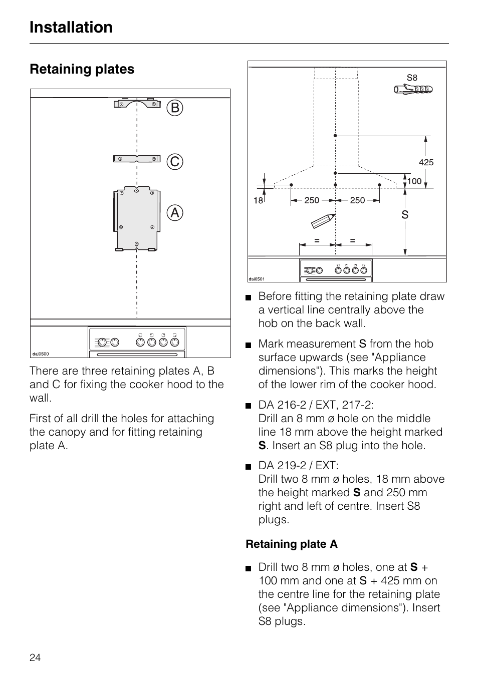 Retaining plates 24, Retaining plates, Installation | Miele DA 217-2 User Manual | Page 24 / 40