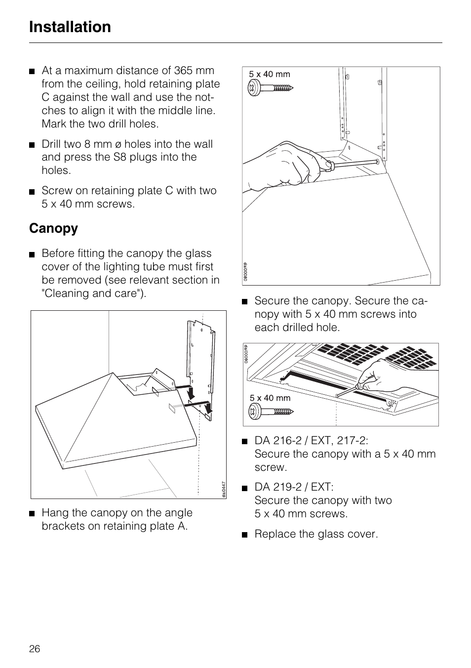 Canopy 26, Canopy, Installation | Miele DA 217-2 User Manual | Page 26 / 40