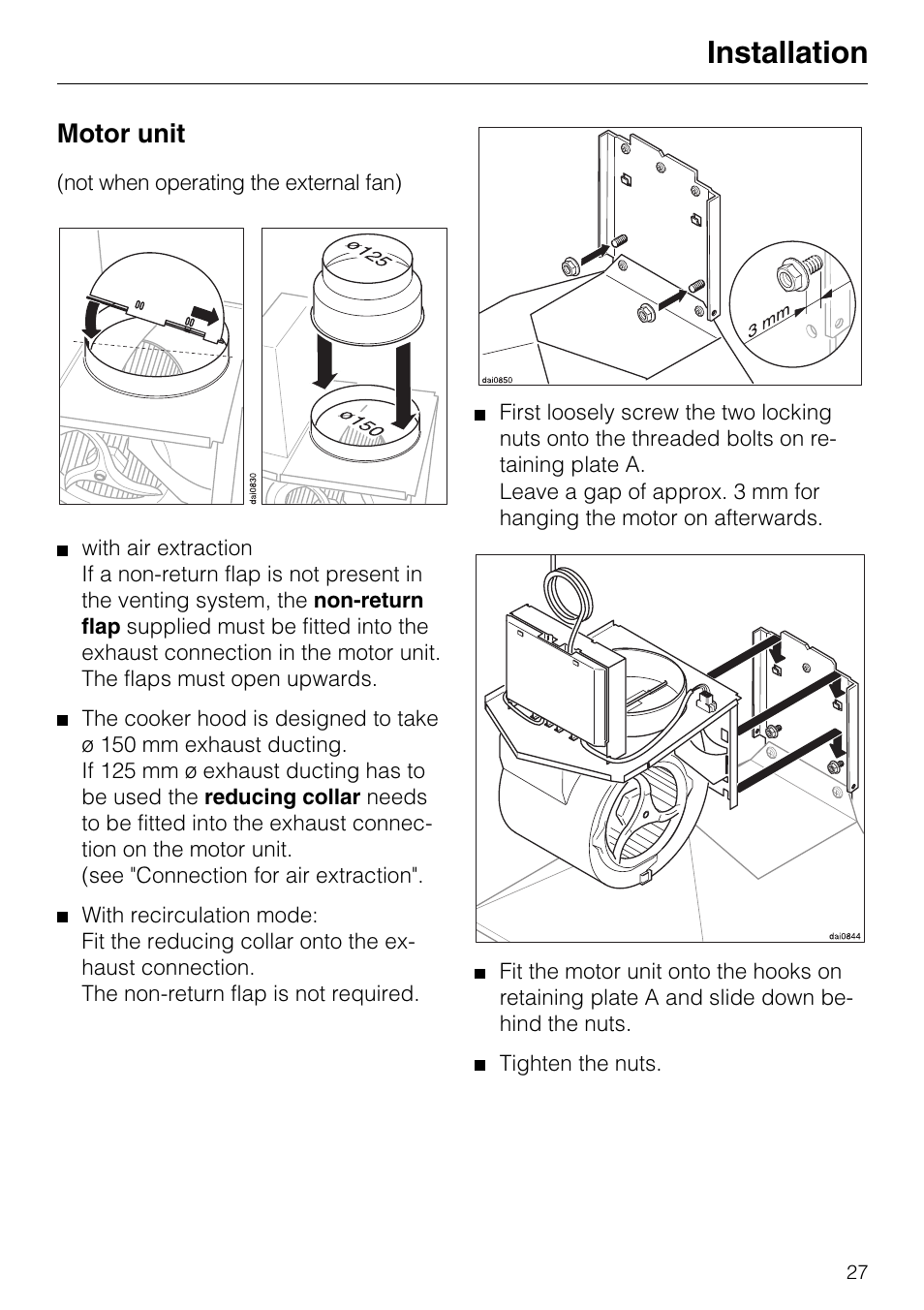 Motor unit 27, Motor unit, Installation | Miele DA 217-2 User Manual | Page 27 / 40