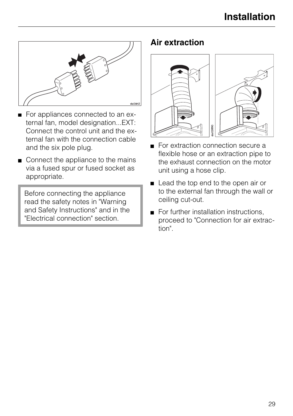 Air extraction 29, Air extraction, Installation | Miele DA 217-2 User Manual | Page 29 / 40