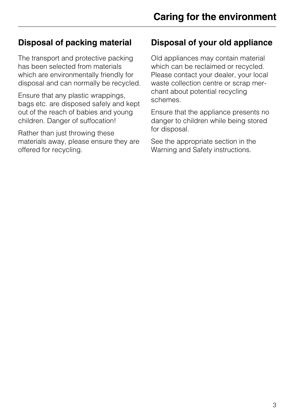 Caring for the environment 3, Caring for the environment, Disposal of packing material | Disposal of your old appliance | Miele DA 217-2 User Manual | Page 3 / 40