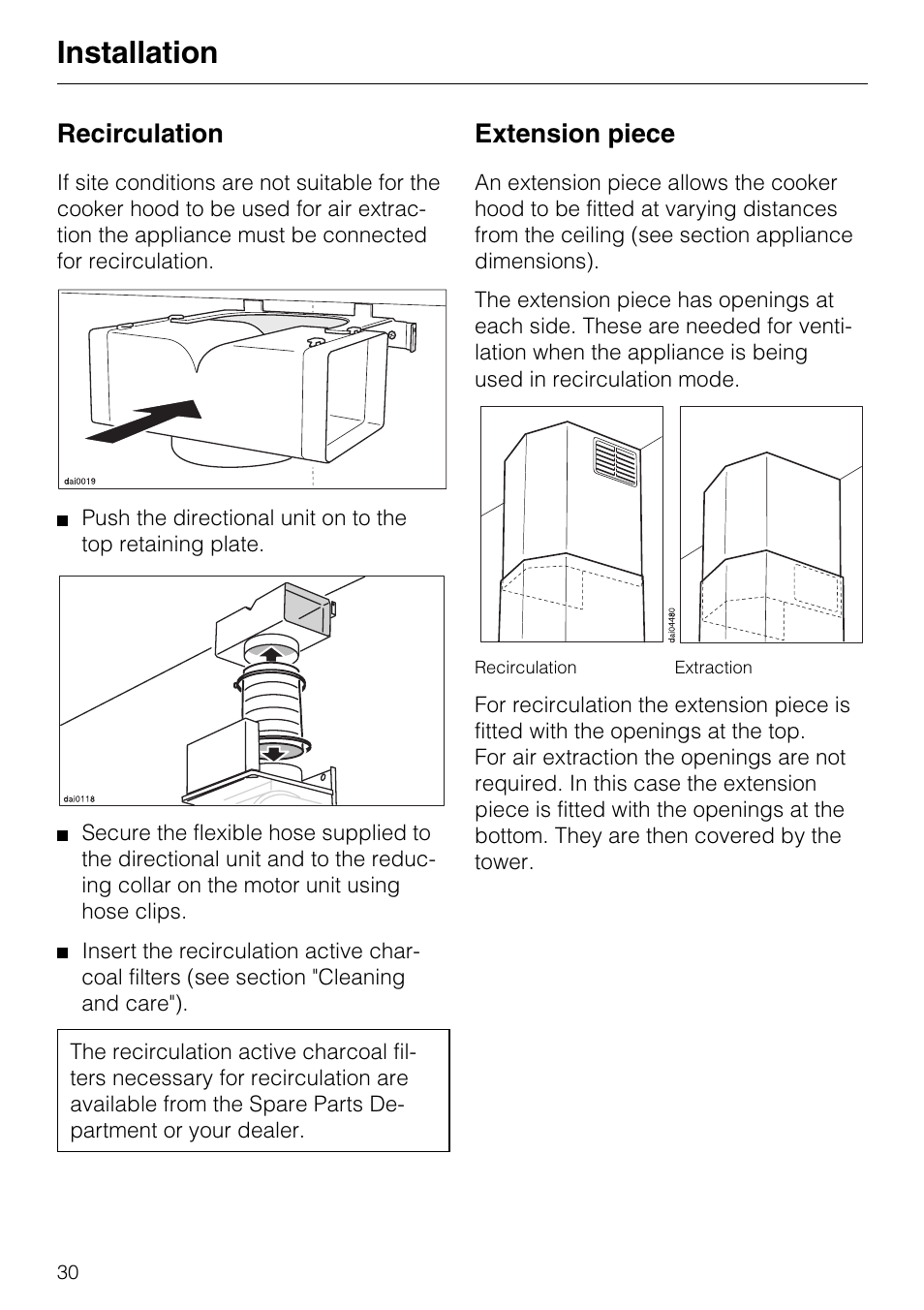 Recirculation 30, Extension piece 30, Recirculation extension piece | Installation, Recirculation, Extension piece | Miele DA 217-2 User Manual | Page 30 / 40