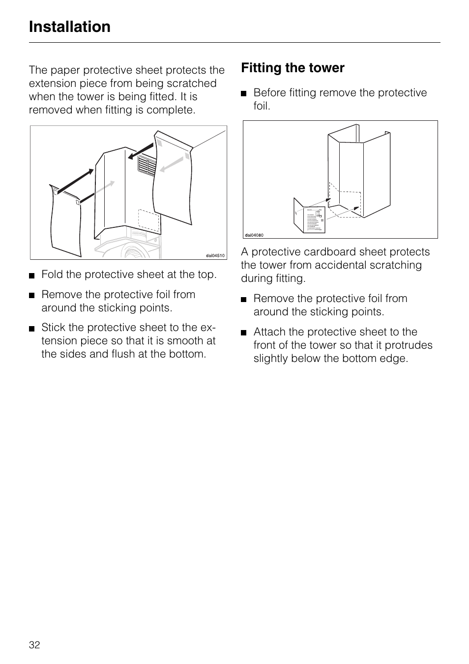 Fitting the tower 32, Fitting the tower, Installation | Miele DA 217-2 User Manual | Page 32 / 40