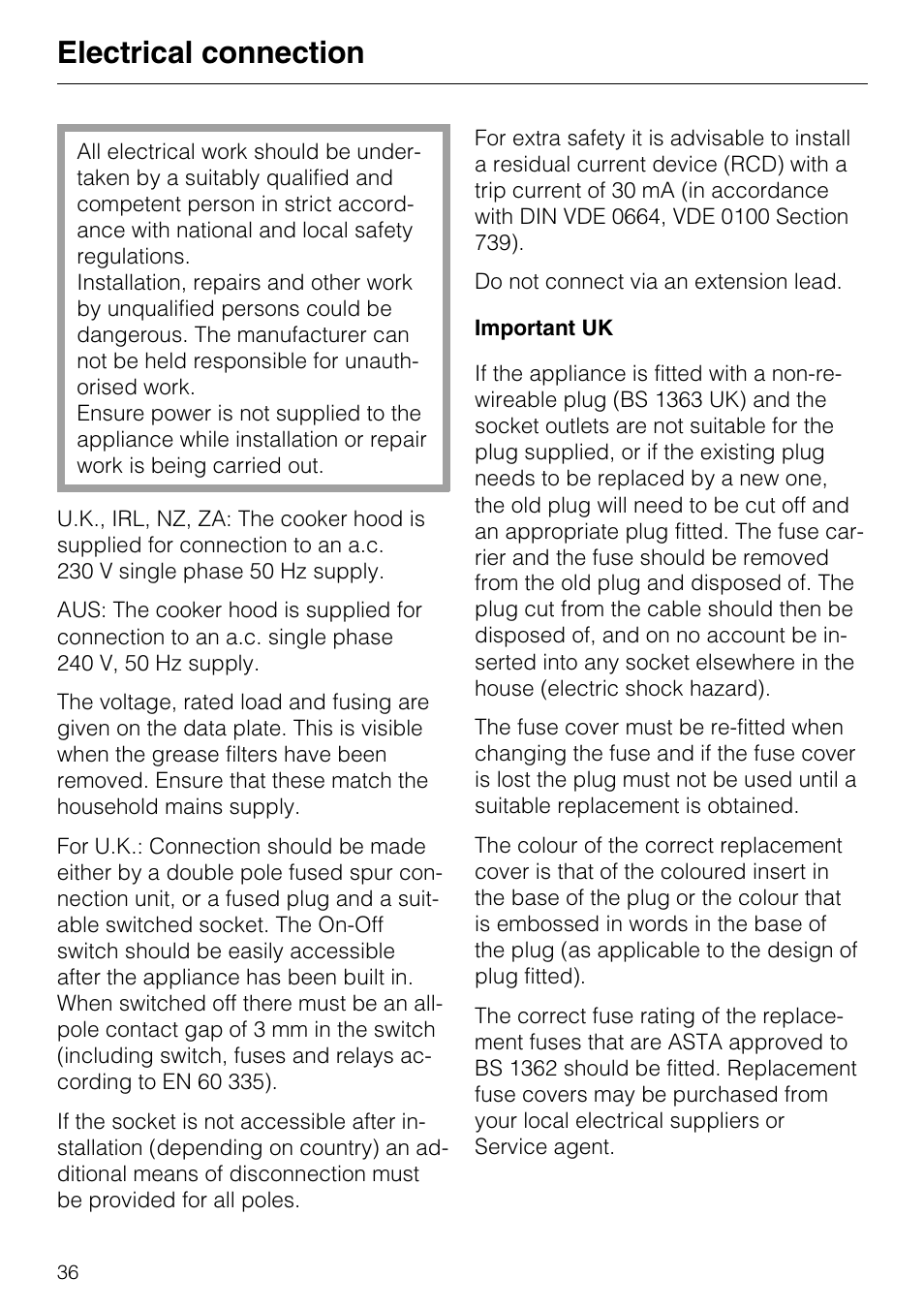 Electrical connection 36, Electrical connection | Miele DA 217-2 User Manual | Page 36 / 40