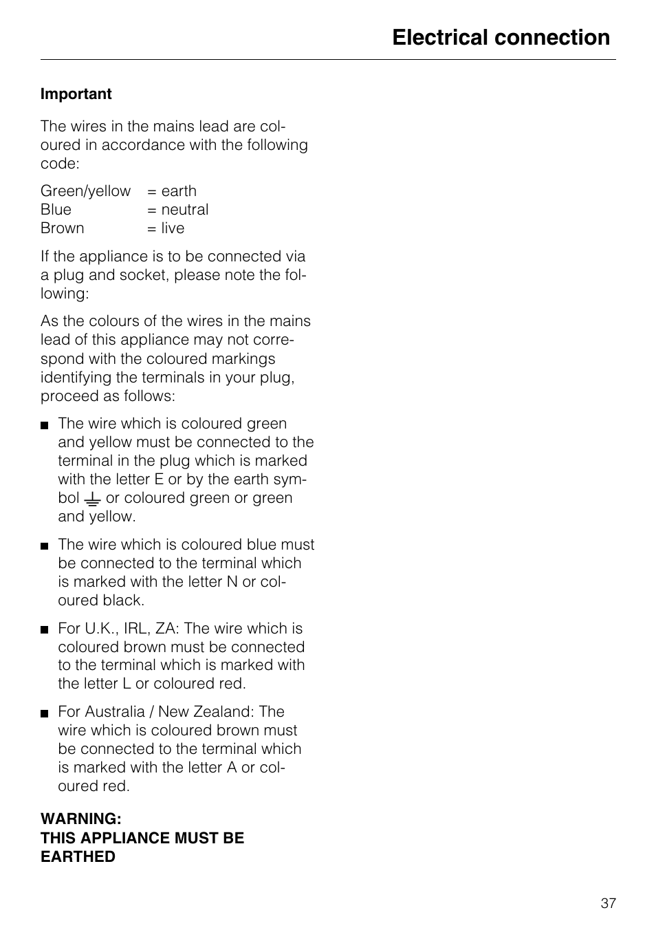 Electrical connection | Miele DA 217-2 User Manual | Page 37 / 40