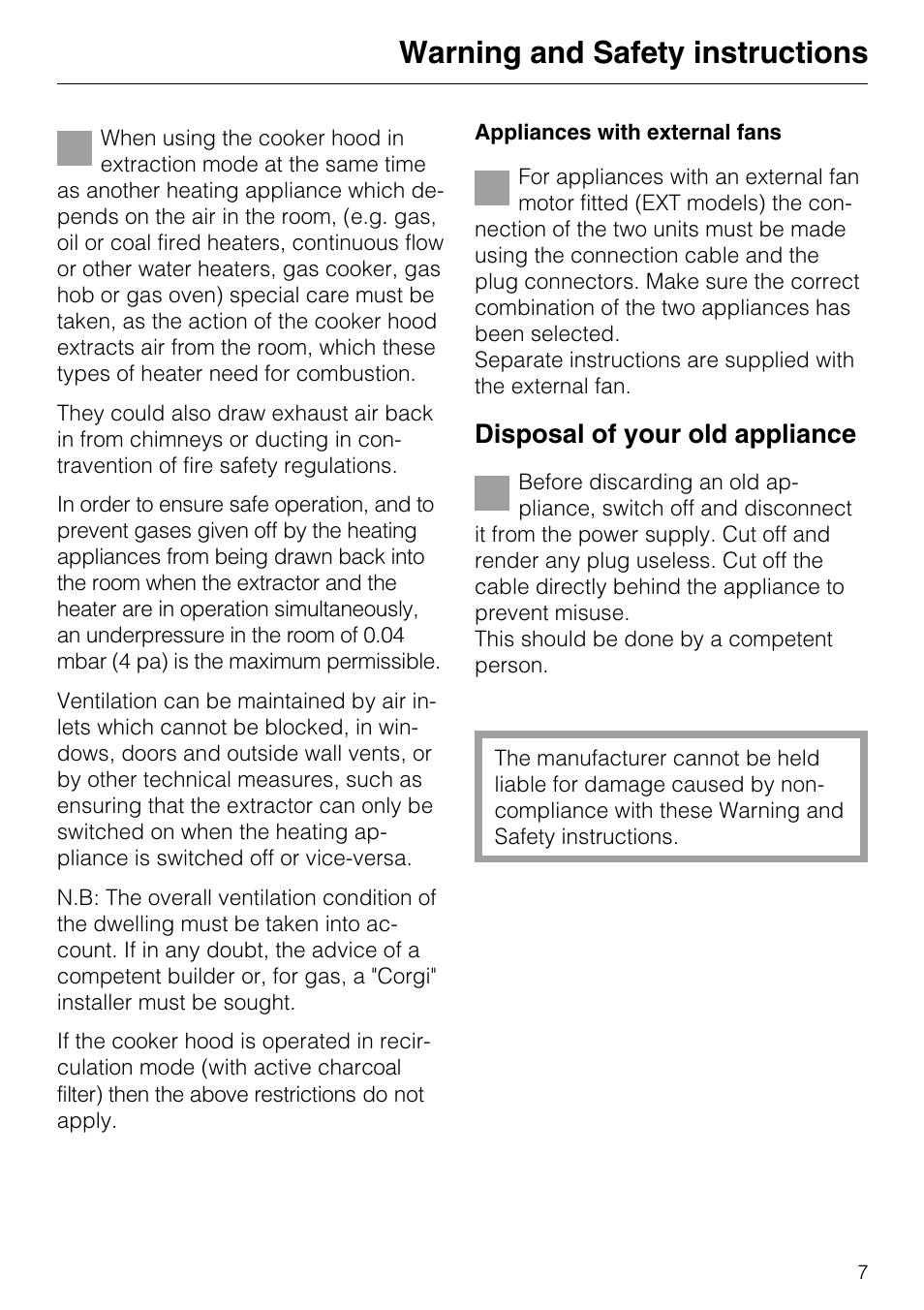 Warning and safety instructions, Disposal of your old appliance | Miele DA 217-2 User Manual | Page 7 / 40