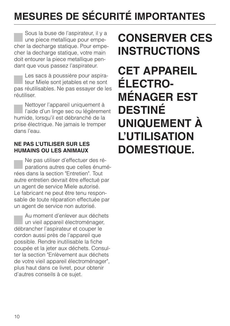 Mesures de sécurité importantes | Miele S 500 - S 548 User Manual | Page 10 / 52