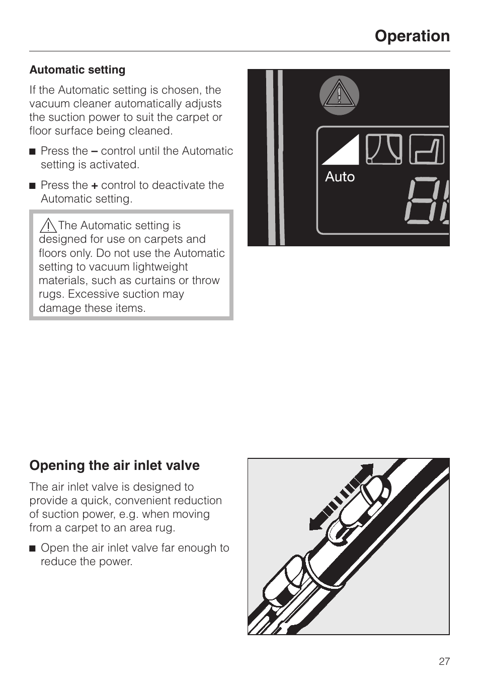 Operation, Opening the air inlet valve | Miele S 500 - S 548 User Manual | Page 27 / 52