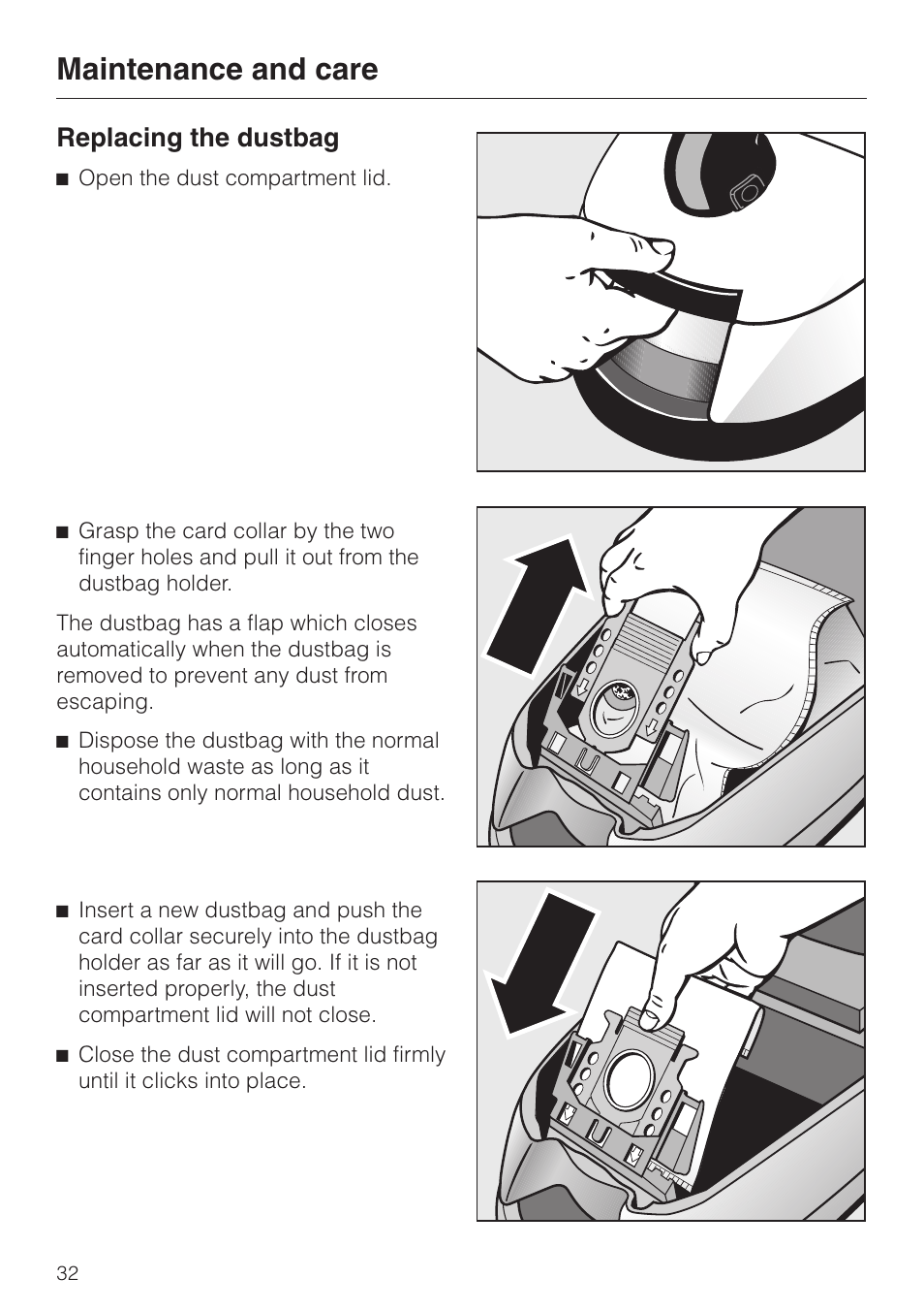 Replacing the dustbag 32, Replacing the dustbag, Maintenance and care | Miele S 500 - S 548 User Manual | Page 32 / 52