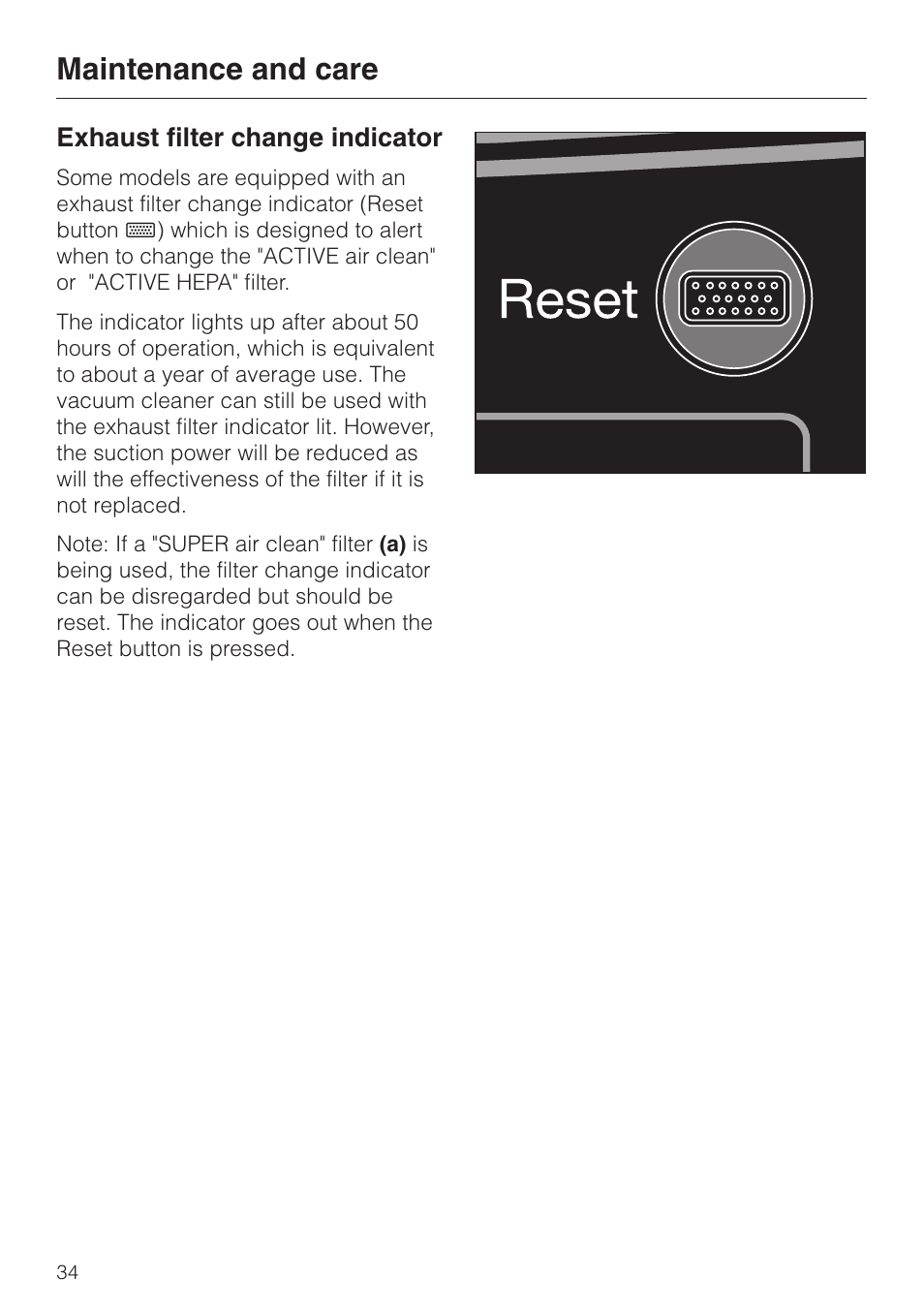 Exhaust filter change indicator 34, Exhaust filter change indicator, Maintenance and care | Miele S 500 - S 548 User Manual | Page 34 / 52