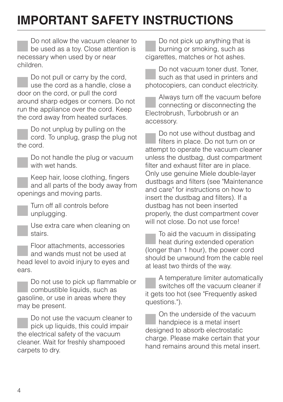 Important safety instructions | Miele S 500 - S 548 User Manual | Page 4 / 52