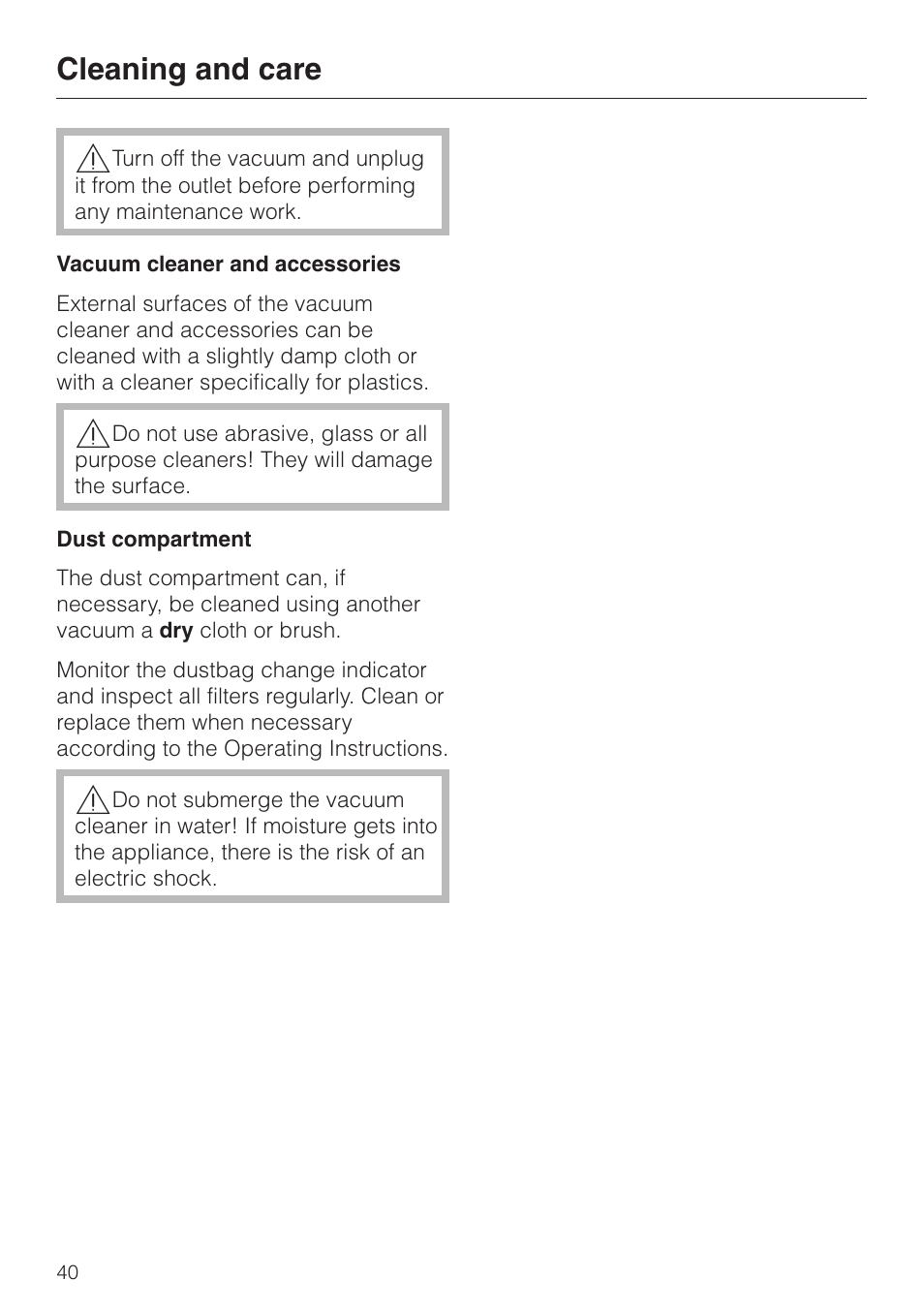 Cleaning and care 40, Cleaning and care | Miele S 500 - S 548 User Manual | Page 40 / 52