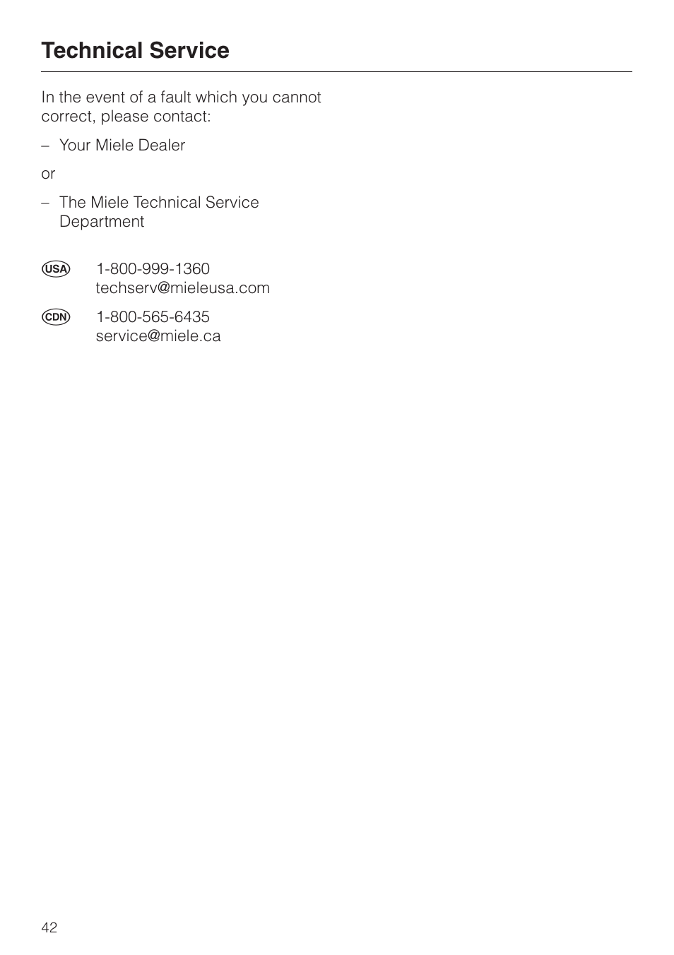 Technical service 42, Technical service | Miele S 500 - S 548 User Manual | Page 42 / 52