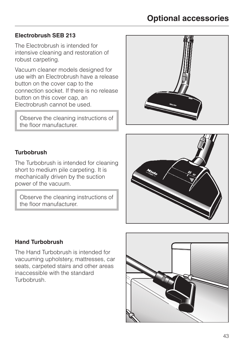 Optional accessories 43, Optional accessories | Miele S 500 - S 548 User Manual | Page 43 / 52