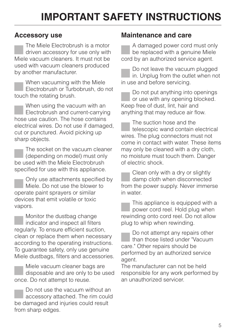 Important safety instructions, Accessory use, Maintenance and care | Miele S 500 - S 548 User Manual | Page 5 / 52