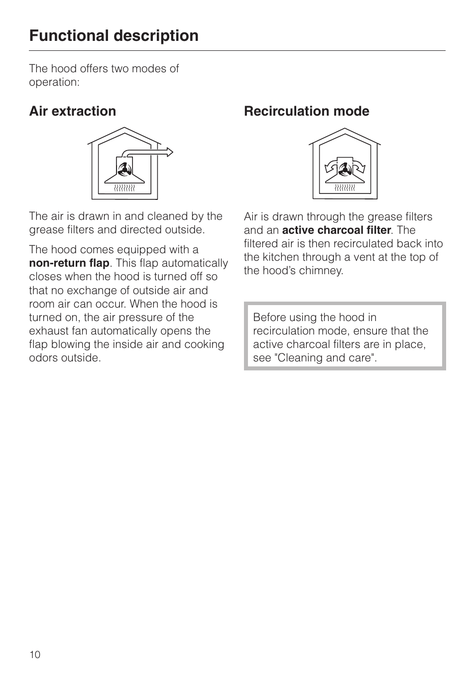 Functional description 10, Functional description, Air extraction | Recirculation mode | Miele DA 219-3 User Manual | Page 10 / 44