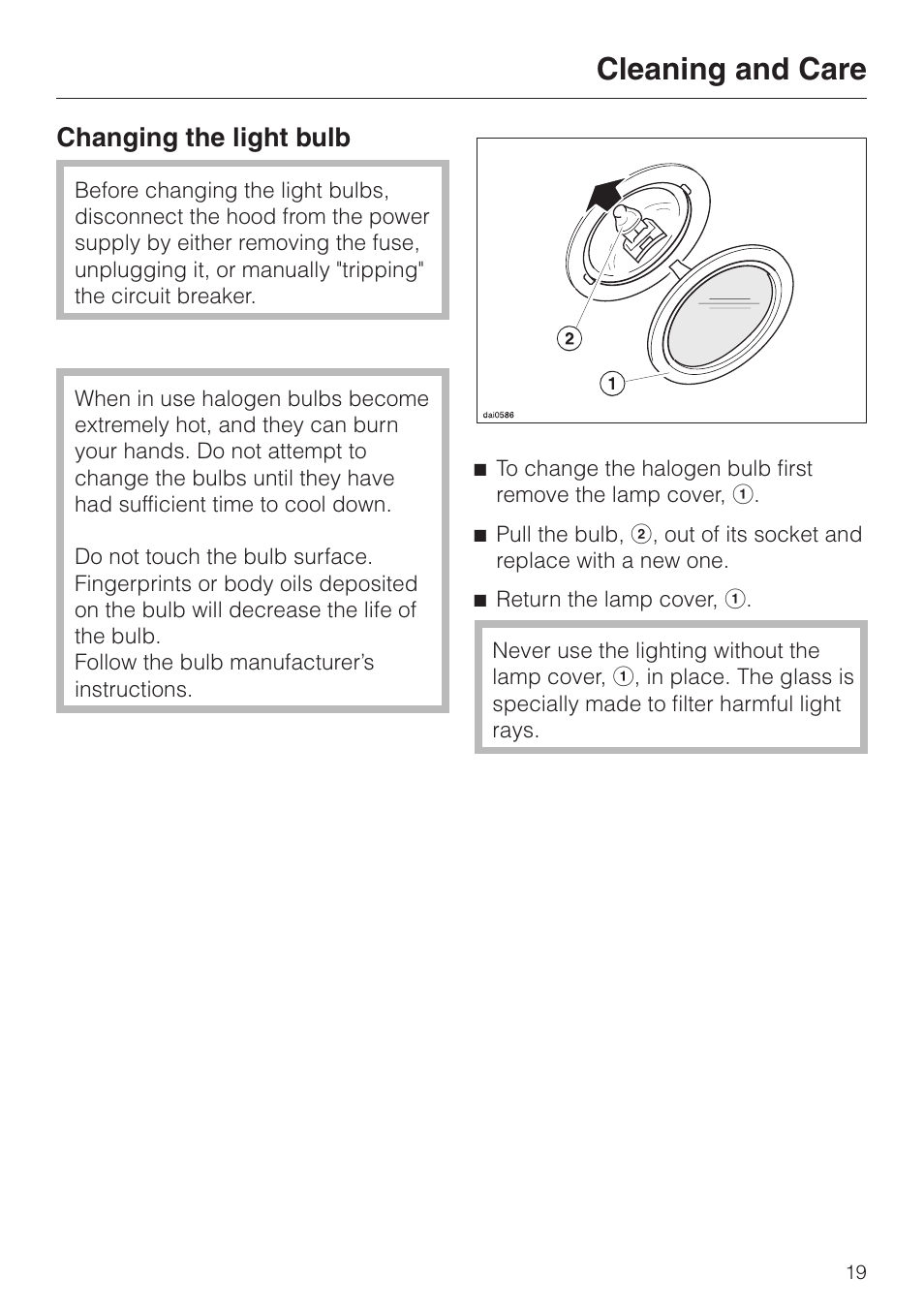 Changing the light bulb 19, Changing the light bulb, Cleaning and care | Miele DA 219-3 User Manual | Page 19 / 44