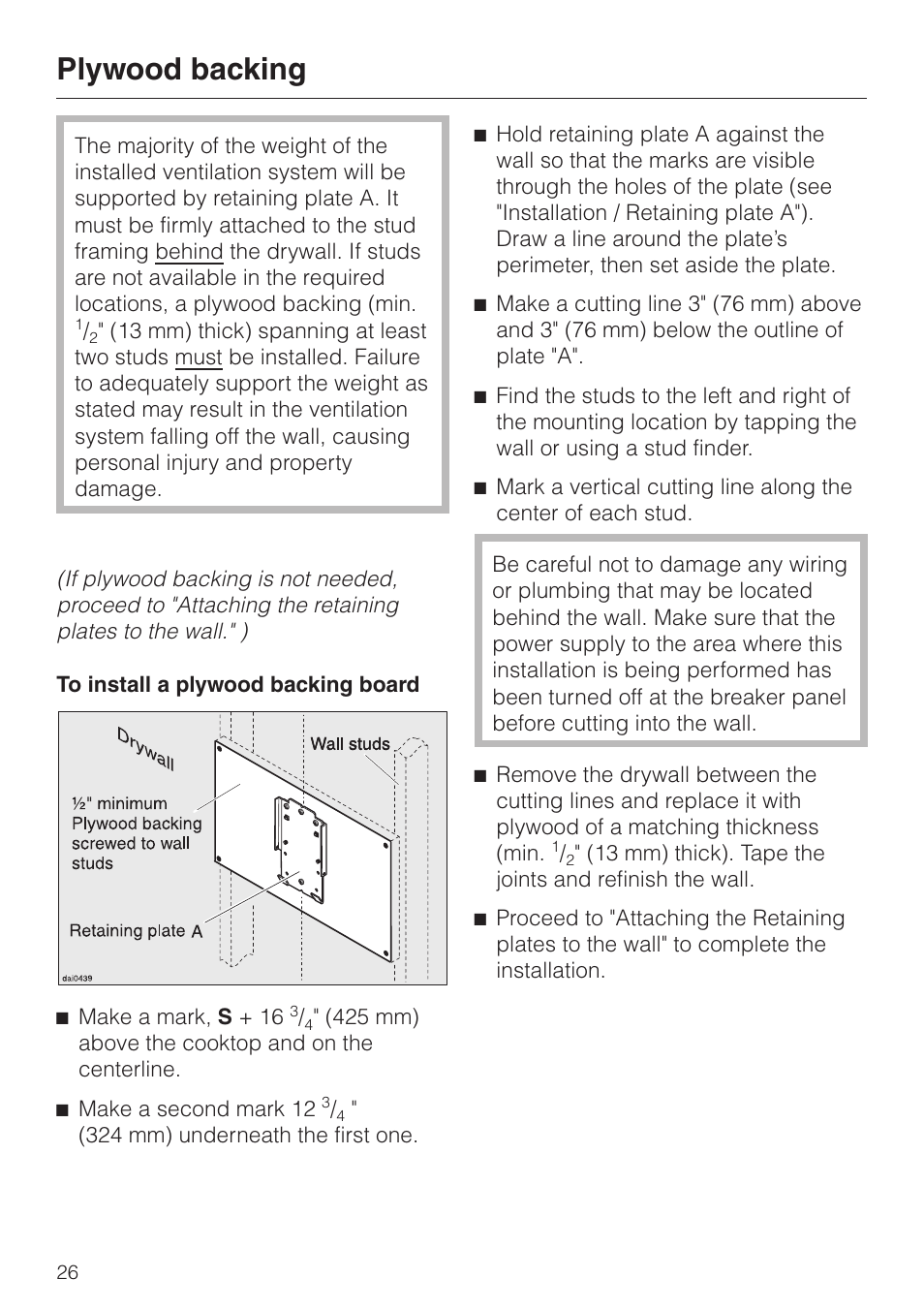 Plywood backing 26, Plywood backing | Miele DA 219-3 User Manual | Page 26 / 44