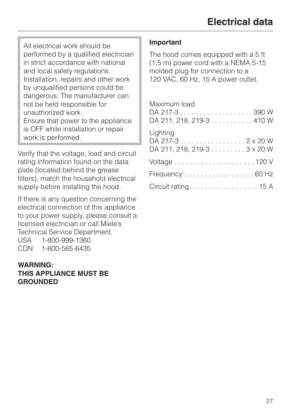 Electrical data 27, Electrical data | Miele DA 219-3 User Manual | Page 27 / 44