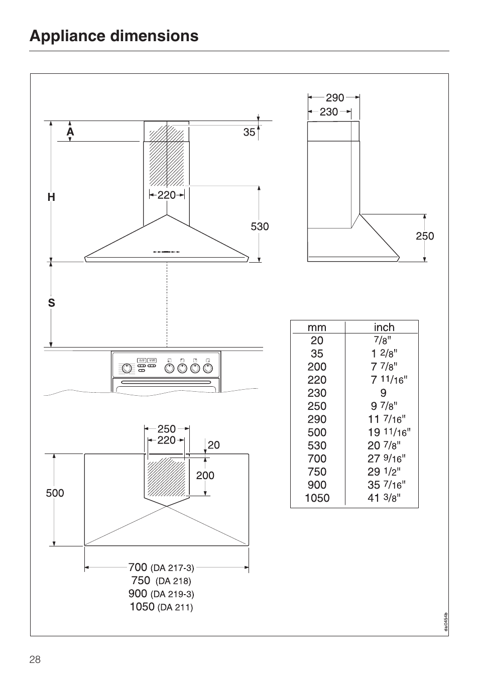 Appliance dimensions 28, Appliance dimensions | Miele DA 219-3 User Manual | Page 28 / 44