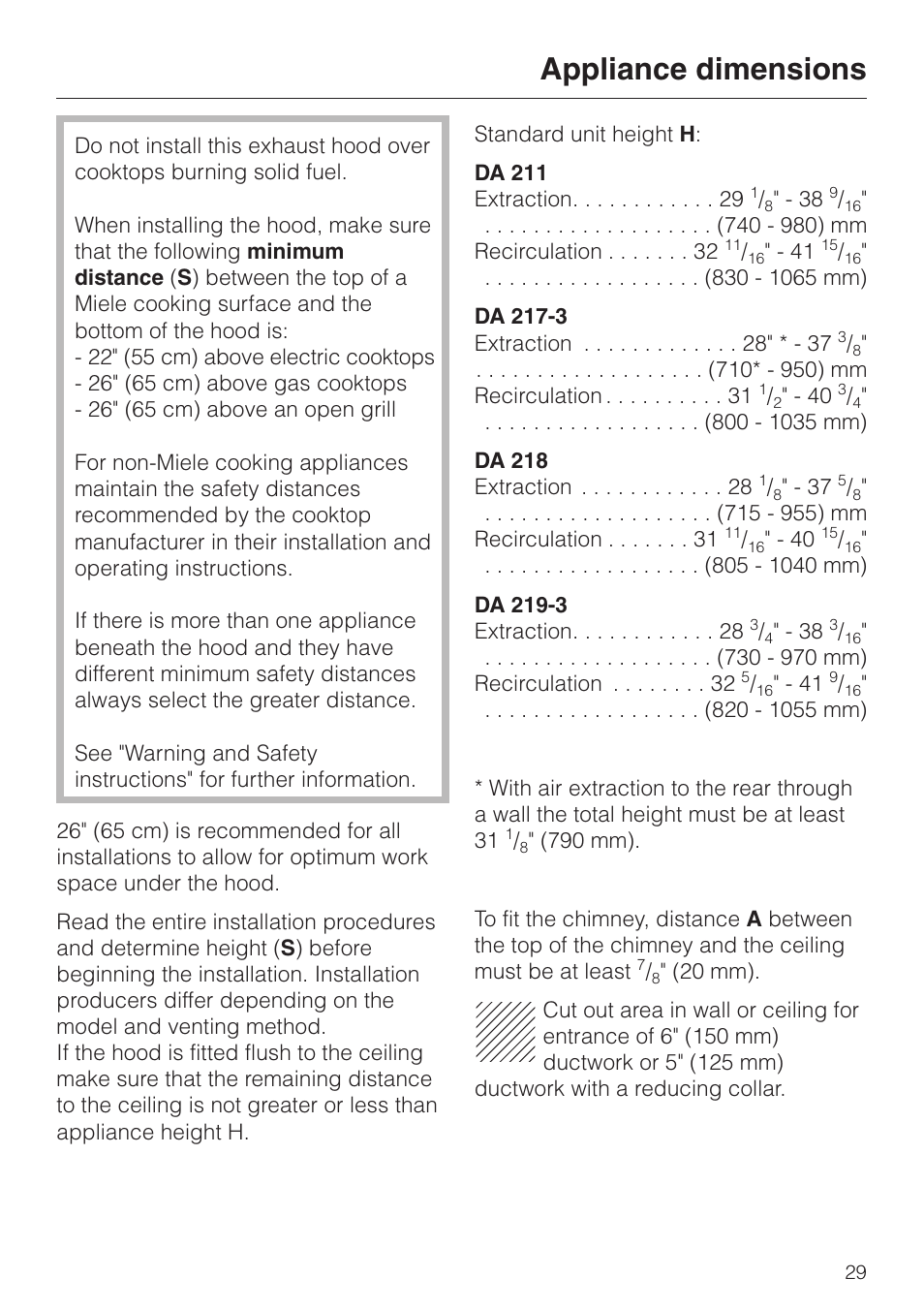 Appliance dimensions | Miele DA 219-3 User Manual | Page 29 / 44