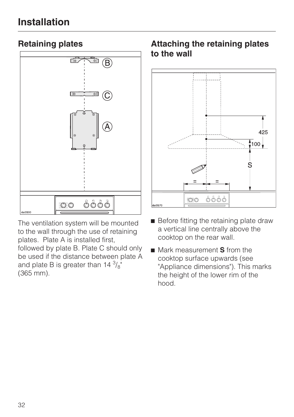 Installation 32, Retaining plates 32, Installation | Retaining plates, Attaching the retaining plates to the wall | Miele DA 219-3 User Manual | Page 32 / 44