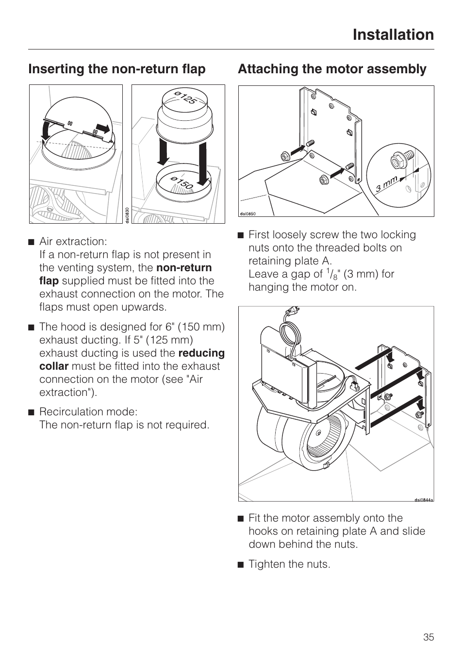 Inserting the non-return flap 35, Inserting the non-return flap, Installation | Attaching the motor assembly | Miele DA 219-3 User Manual | Page 35 / 44