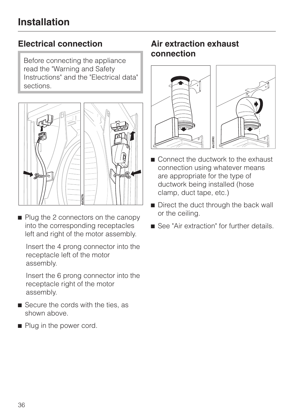 Electrical connection 36, Air extraction exhaust connection 36, Installation | Electrical connection, Air extraction exhaust connection | Miele DA 219-3 User Manual | Page 36 / 44