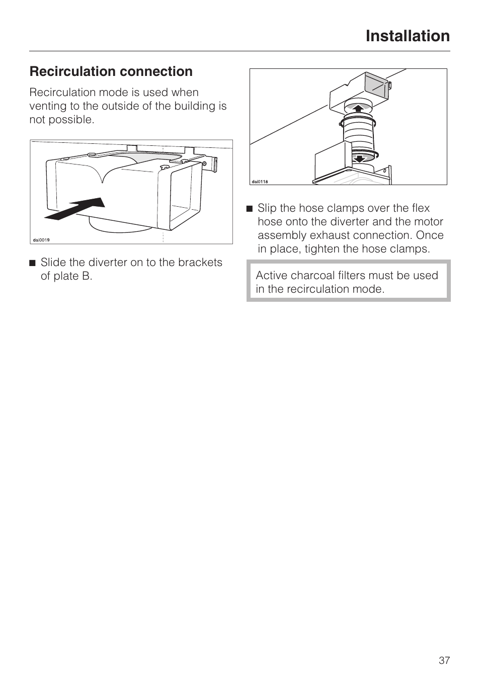 Recirculation connection 37, Recirculation connection, Installation | Miele DA 219-3 User Manual | Page 37 / 44