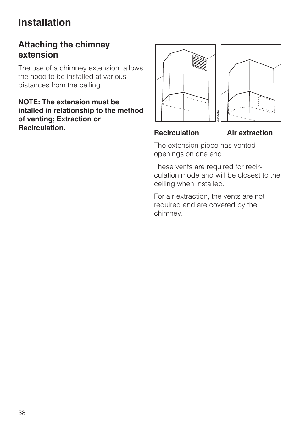 Attaching the chimney extension 38, Attaching the chimney extension, Installation | Miele DA 219-3 User Manual | Page 38 / 44