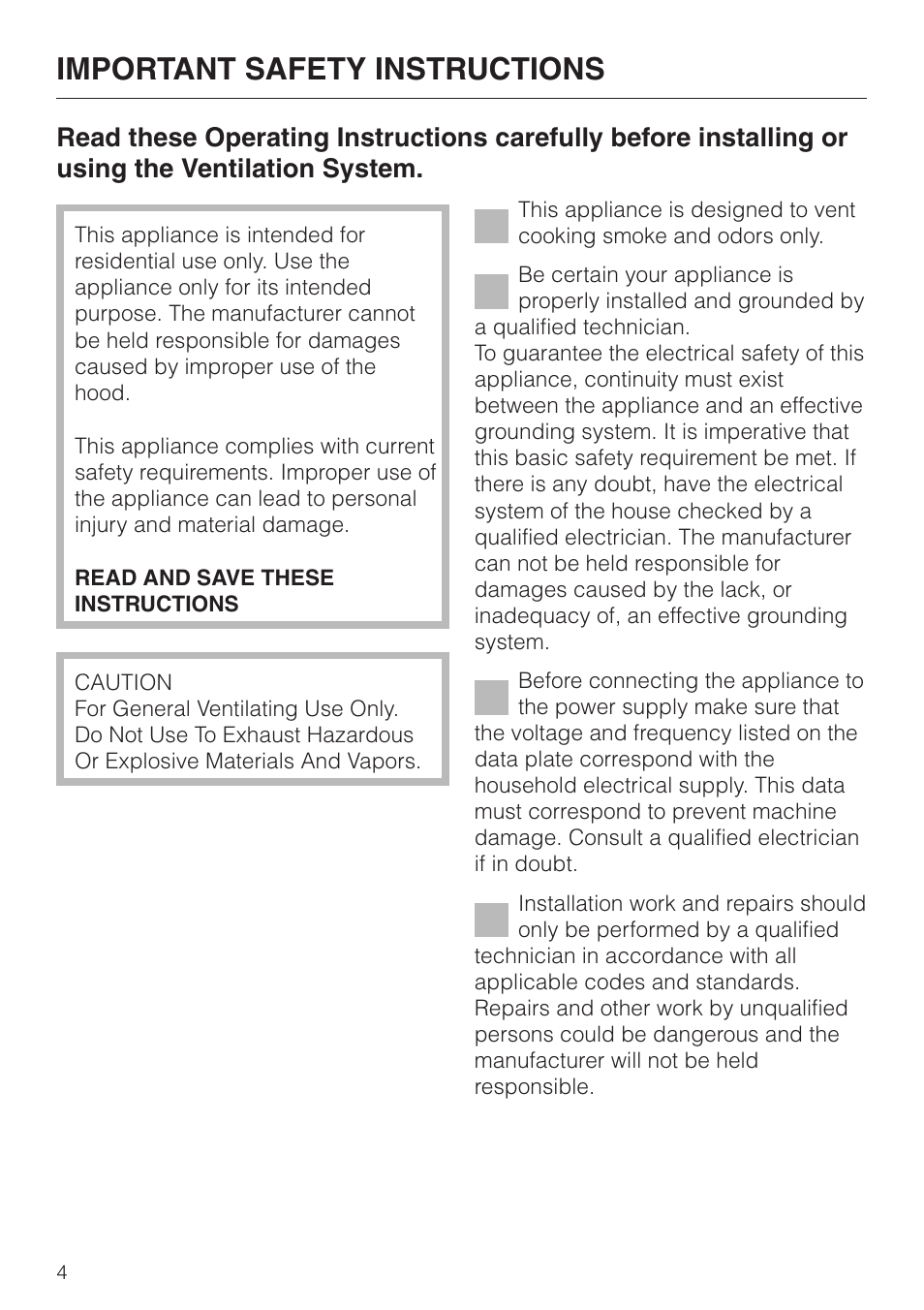 Important safety instructions 4, Important safety instructions | Miele DA 219-3 User Manual | Page 4 / 44