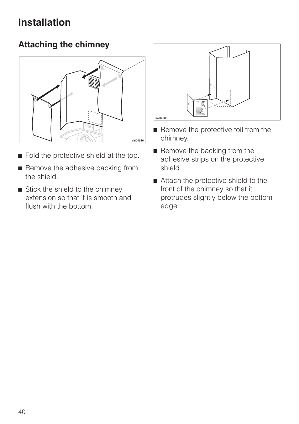 Installation, Attaching the chimney | Miele DA 219-3 User Manual | Page 40 / 44