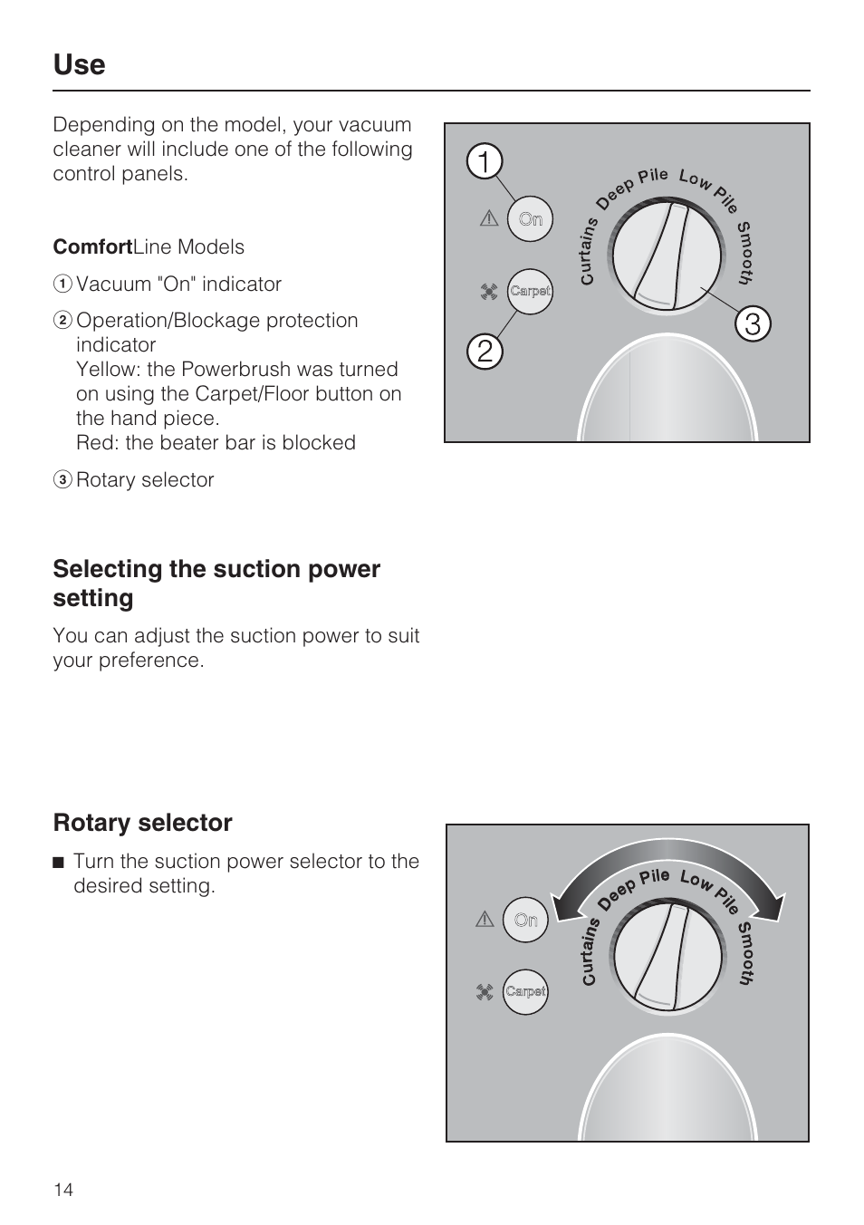 Selecting the suction power setting, Rotary selector | Miele S 7000 User Manual | Page 14 / 40